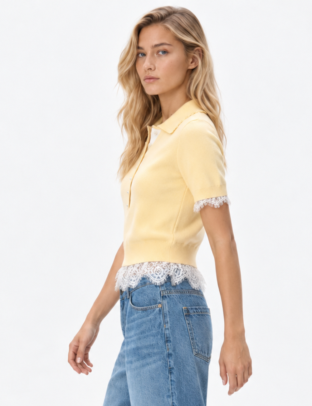 Ladies Polo Neck Lace Patchwork Short Sleeves Knit Top