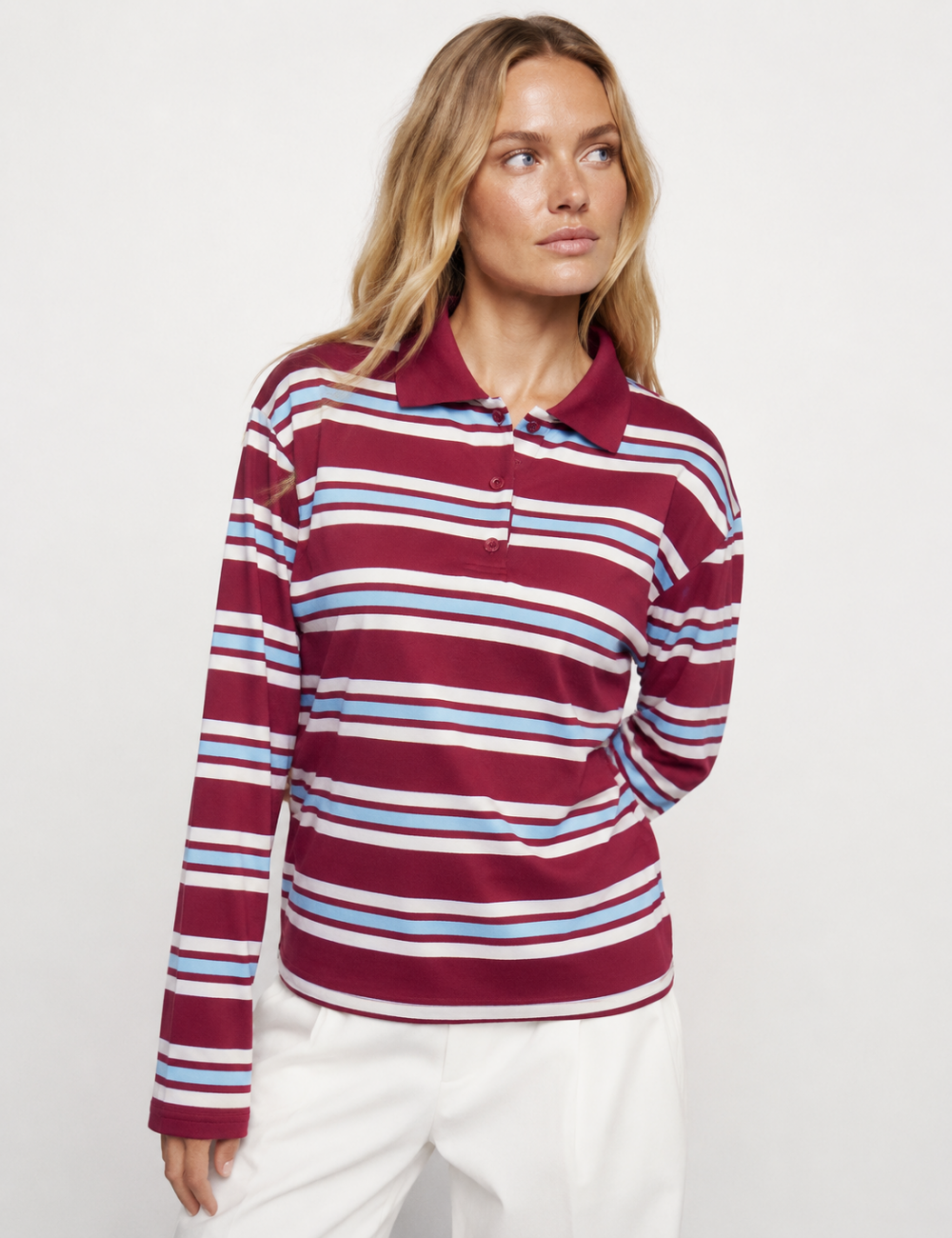 Ladies Casual Striped Polo Collar Long Sleeves Top
