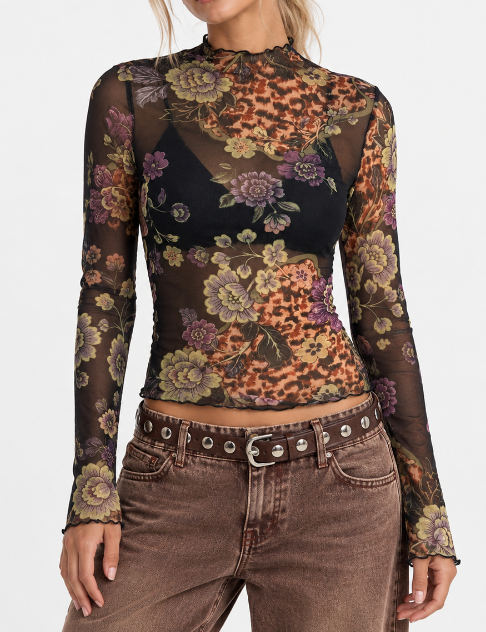 Ladies Retro Leopard Floral Mesh Mock Neck Ruched Top