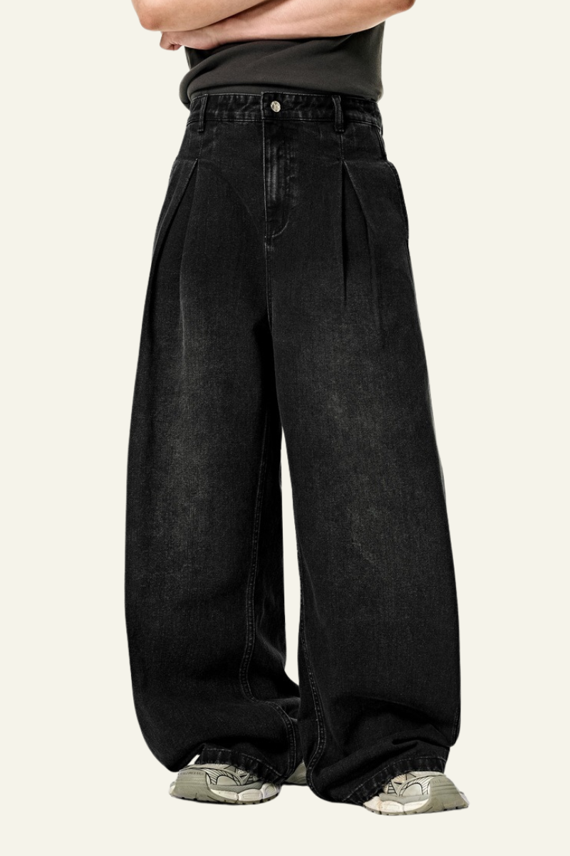 Men's Streetwear Washed Vintage Pleated  Wide Leg Jeans