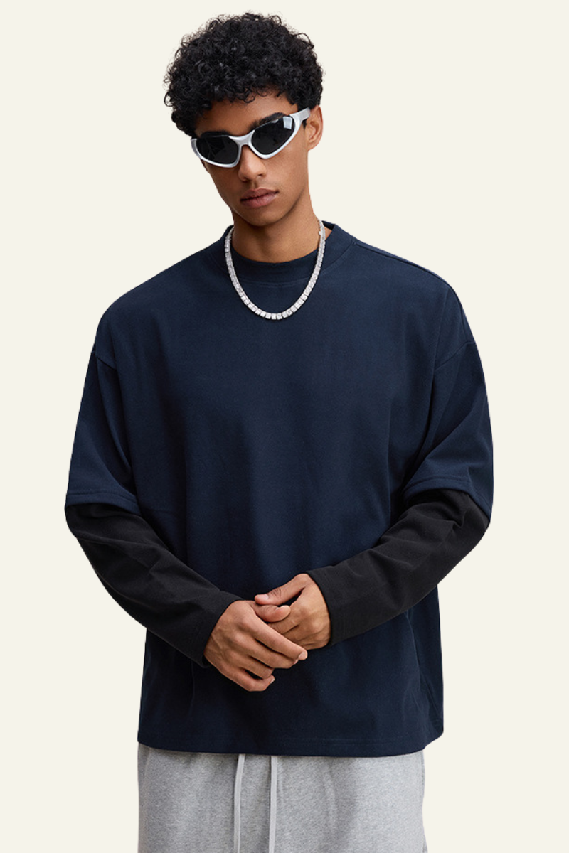 Men's Patchwork Faux-Two-Piece Long Sleeves Pullover Hoodie