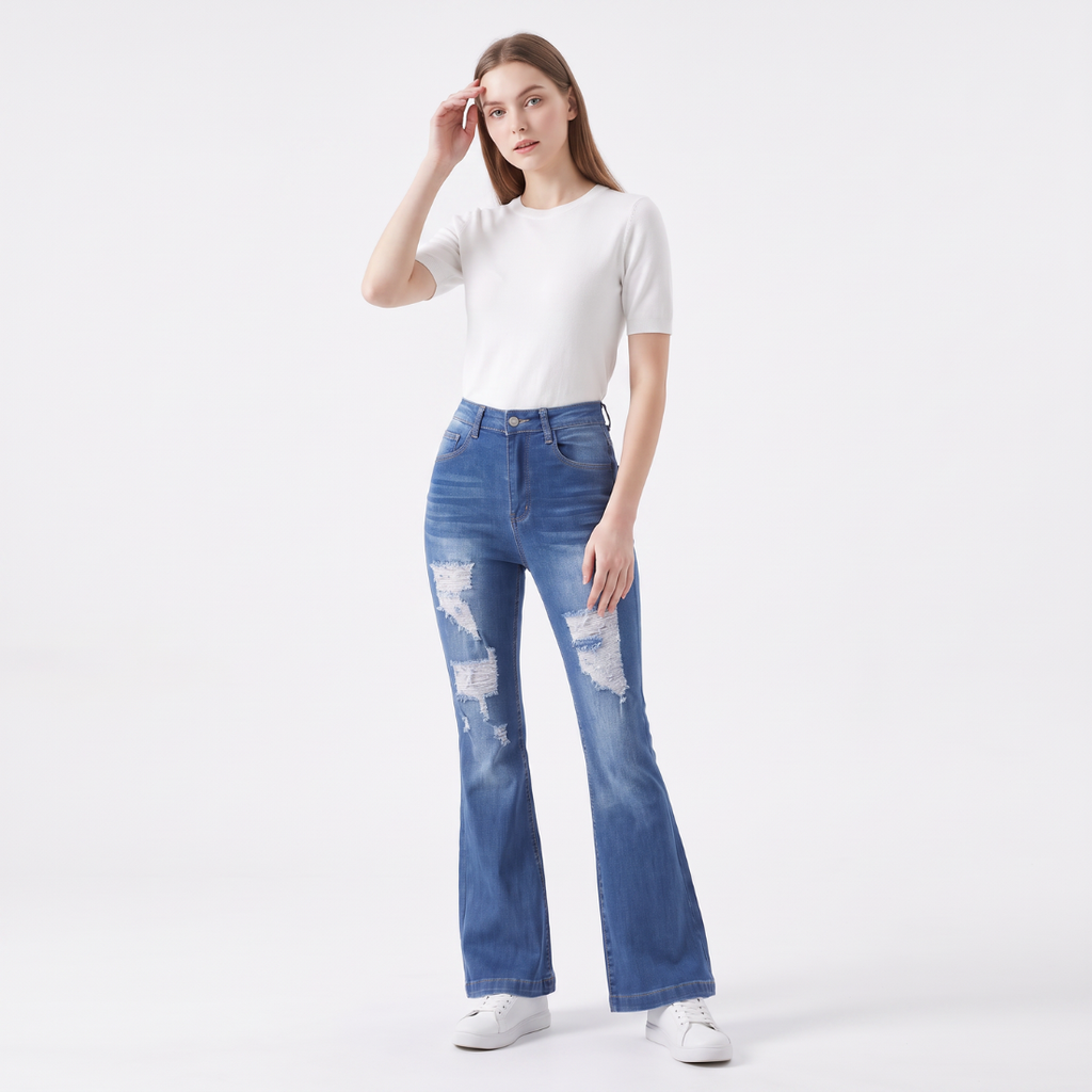 Women's High Waist Ripped Distressed Stretch Flare Jeans