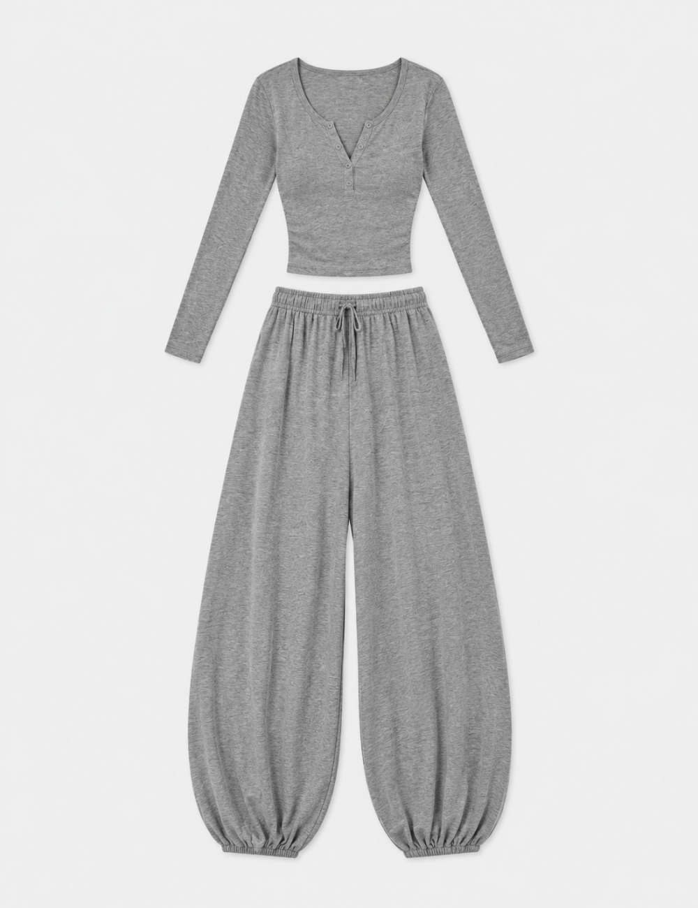 Ladies Henley Crop Top Balloon Pants 2PCS Lounge Set
