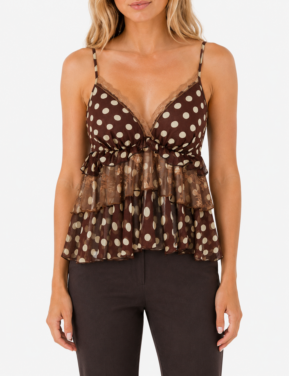 Ladies Casual Polka Dot Ruffle Hem Cami Top