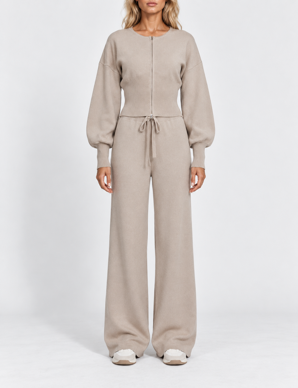 Ladies Zip-Up Solid Color Knit Top & Pants 2PCS Set