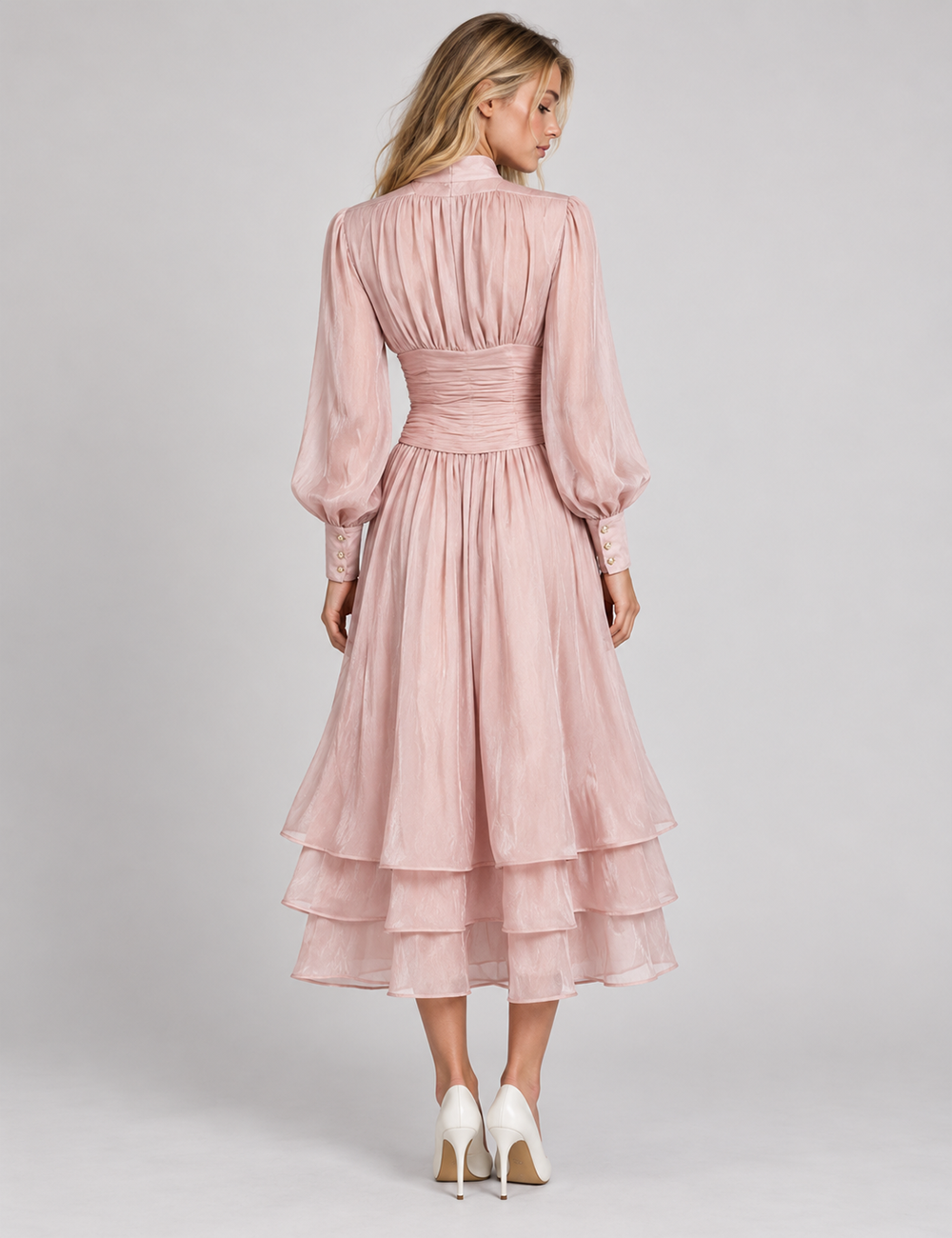Ladies Puff Sleeves Ruched Button Tiered Midi Dress