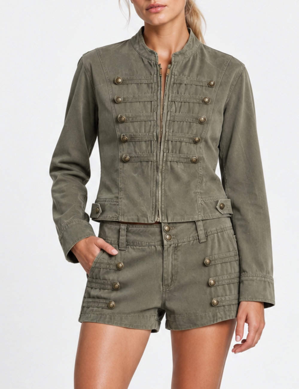 Ladies Stand Collar Braided Trim Double Breasted Cropped