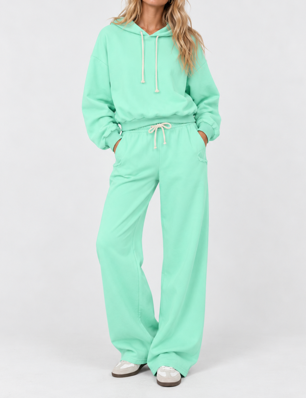 Ladies Drawstring Hooded Crop Sweatshirt Wide Leg Pants 2PCS Set