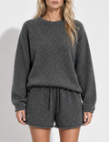 Ladies Solid Color Knit Crew Neck Sweater & Shorts 2PCS Set