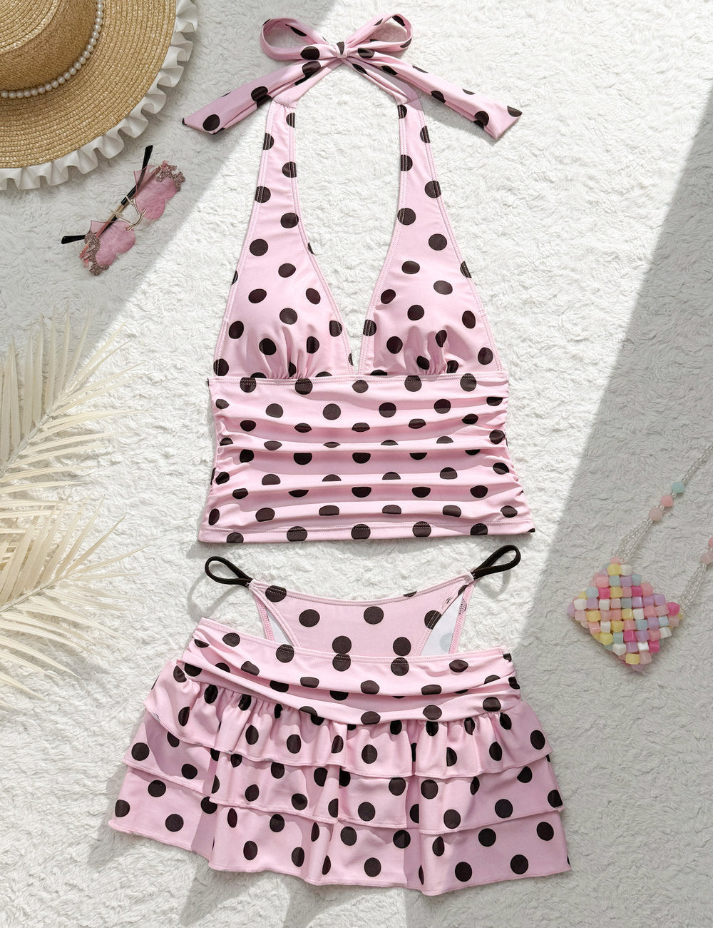 Ladies Polka Dot Tiered Ruffle Skirt 3PCS Swimwear Set