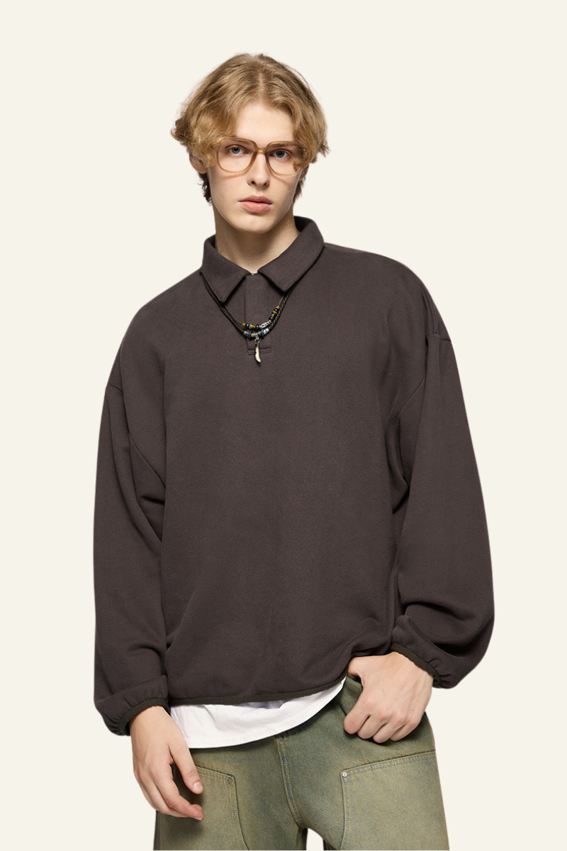 Men's Streetwear Polo Collar Drop Shoulders  Sweatshirt.
