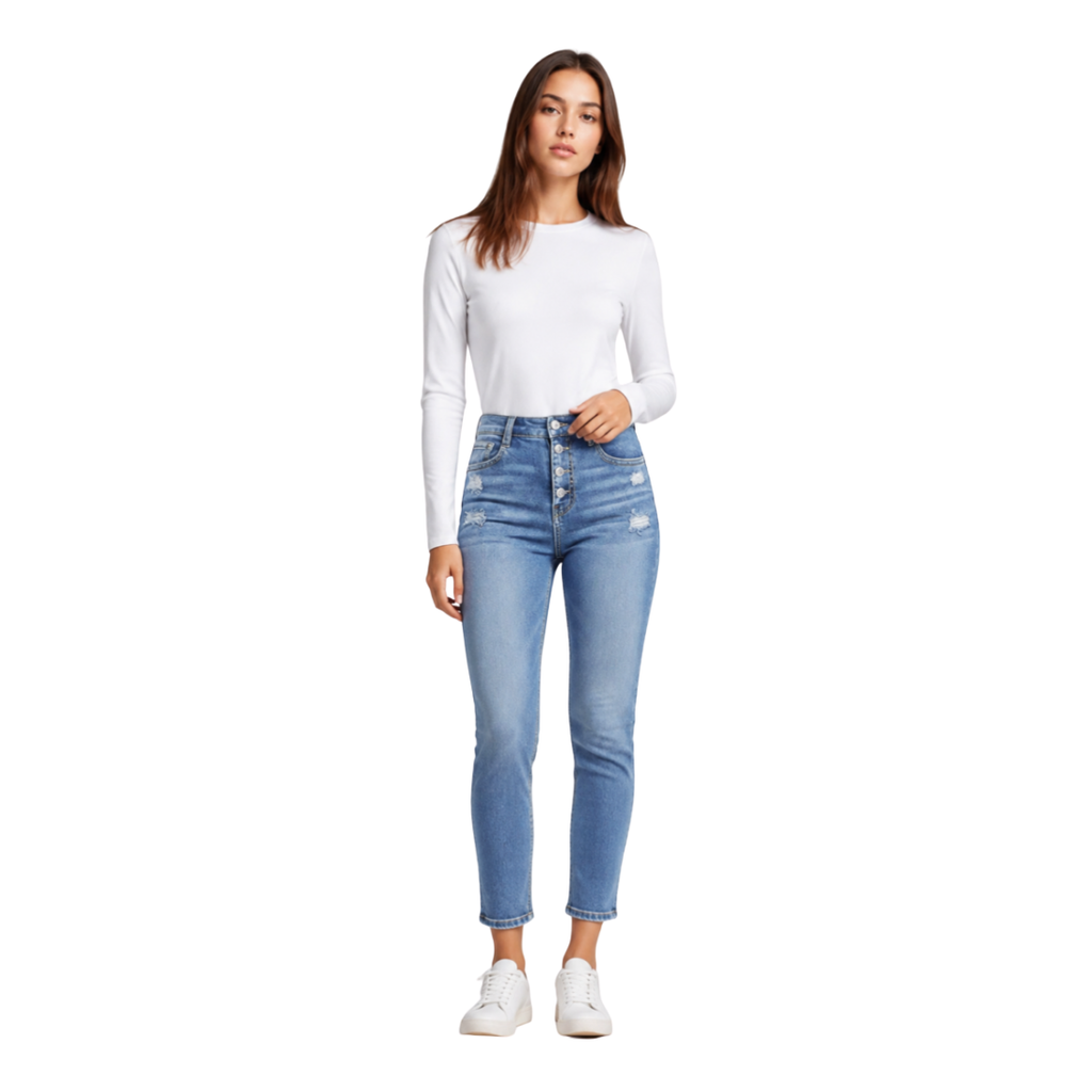 Women's High Waist Button Stretch Skinny Jeans