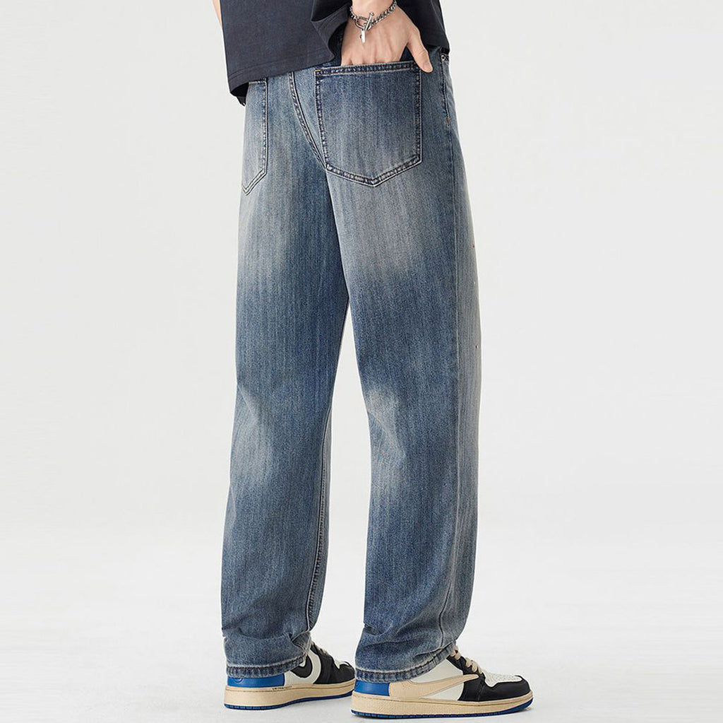 Men's Spring Light Blue Washed Splatter Paint Straight Jeans