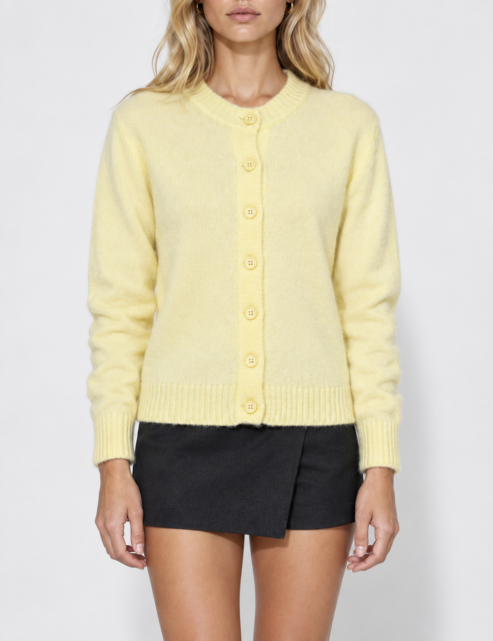 Ladies Solid Color Button Front Crew Neck Knit Cardigan