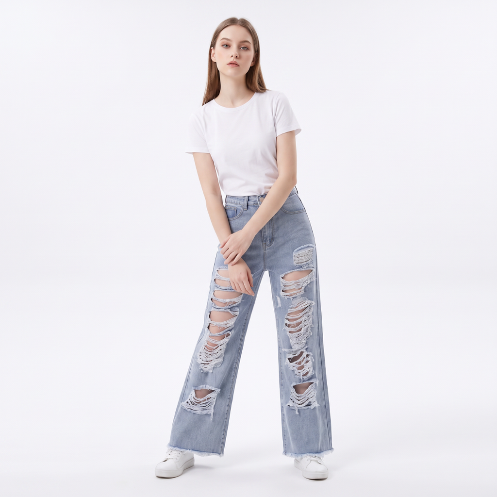 Women's High Waist Distressed Wide Leg Jeans