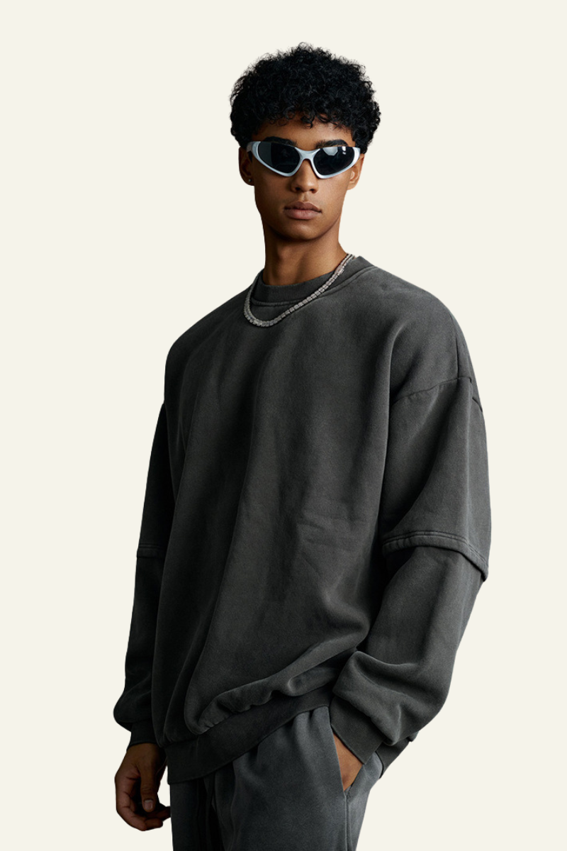 Men's Fall Clothing Streetwear Washed Patchwork Pullover