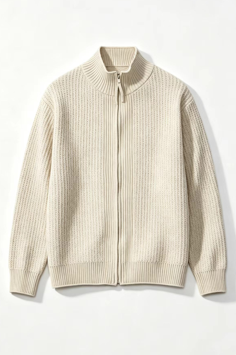 Men's Fall Clothing Ribbed Mock-Neck Zip-Up Knit Cardigan