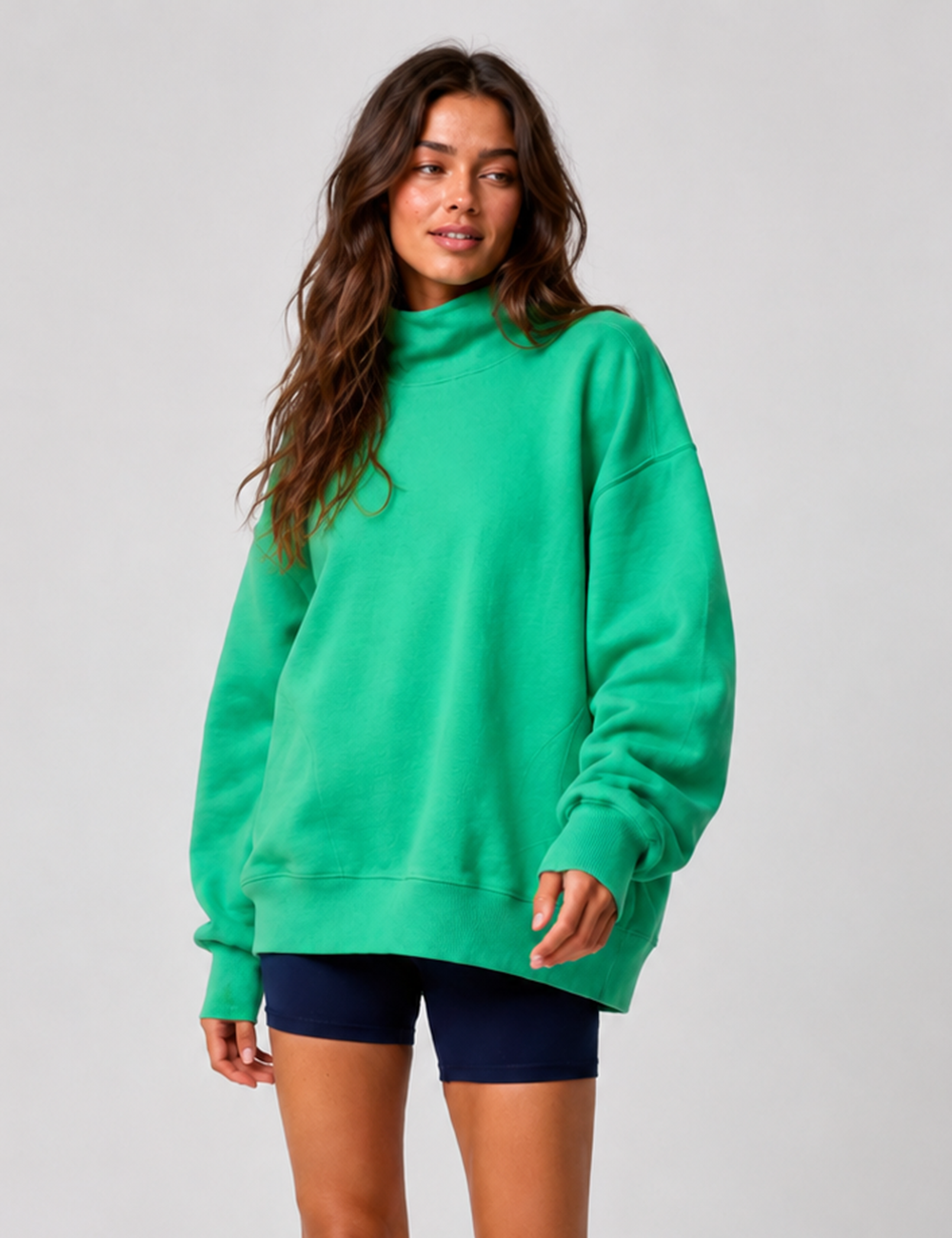 Ladies Casual Mock Neck Long Sleeves Pocket Pullover Sweatshirt