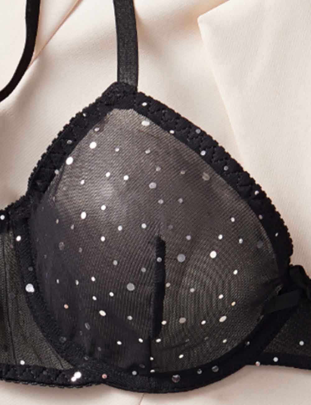 Ladies Sexy Color Block See Through Sequin Lingerie Set