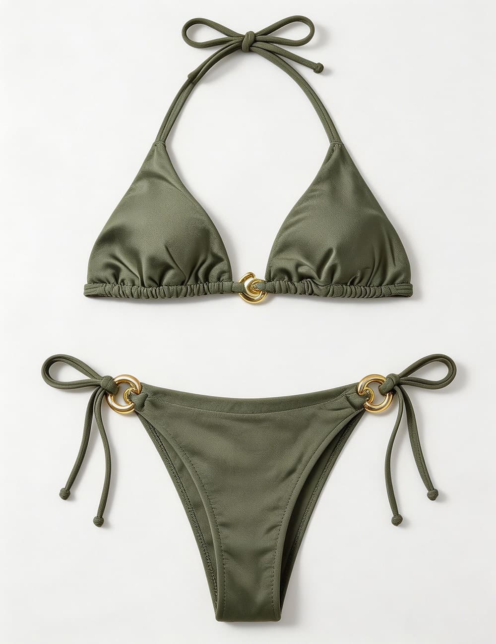 Ladies Solid Color Gold Buckle Halter Neck Triangle Bikini Set