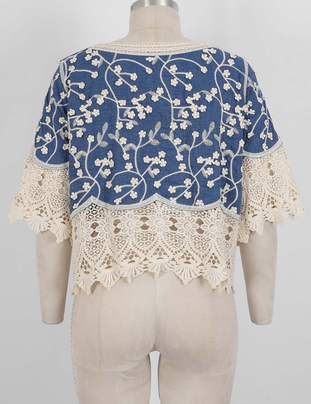 Ladies Boho Embroidery Lace Tie-Neck Tassel Blouse