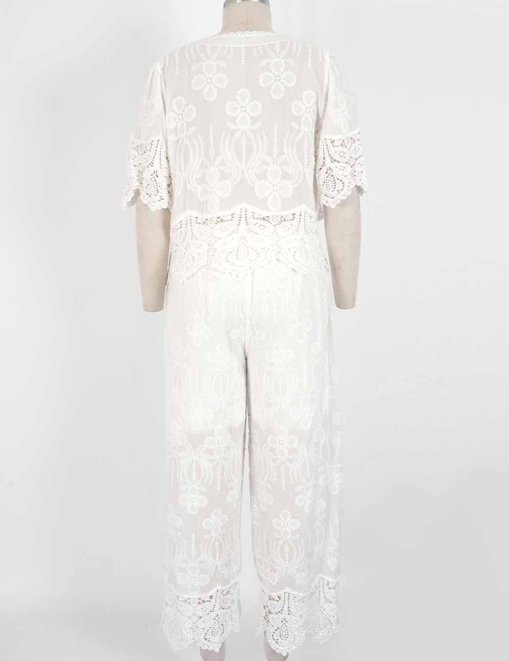 Ladies Crochet Lace Embroidered Button Top & Pants Set