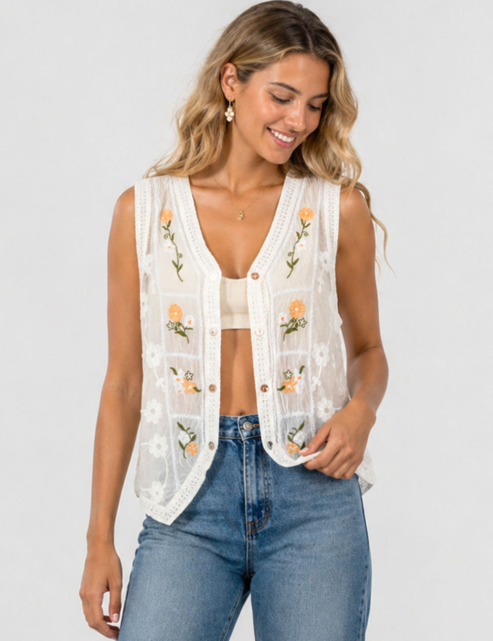 Ladies Boho Floral Embroidered V-Neck Button Front Vest