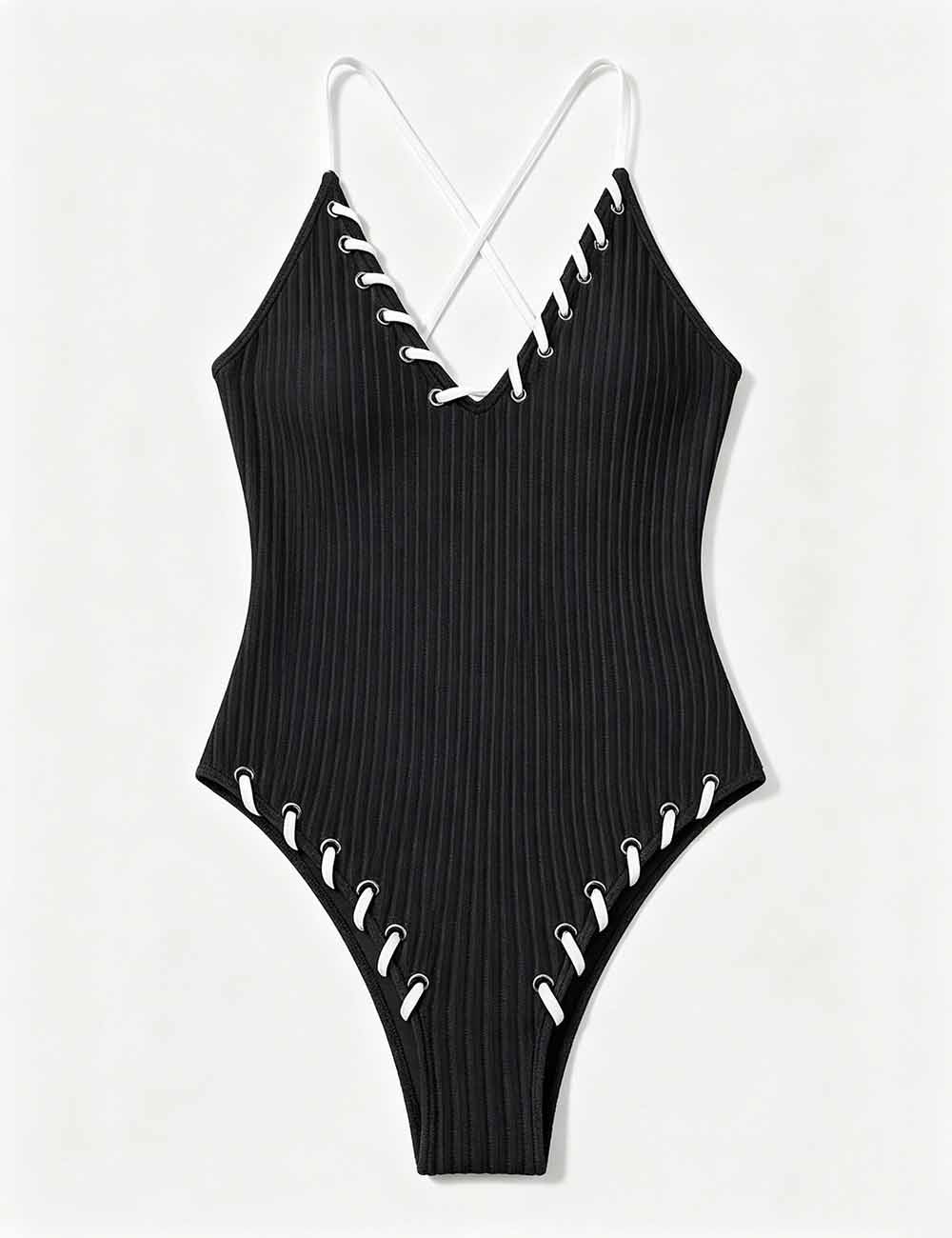 Ladies Lace-Up Accents Along High Leg Cut One Piece Swimsuit