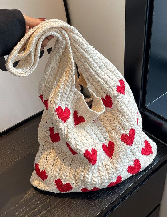 Ladies Knit Heart Shpaed One Shoulder Tote Bag SKAB4109