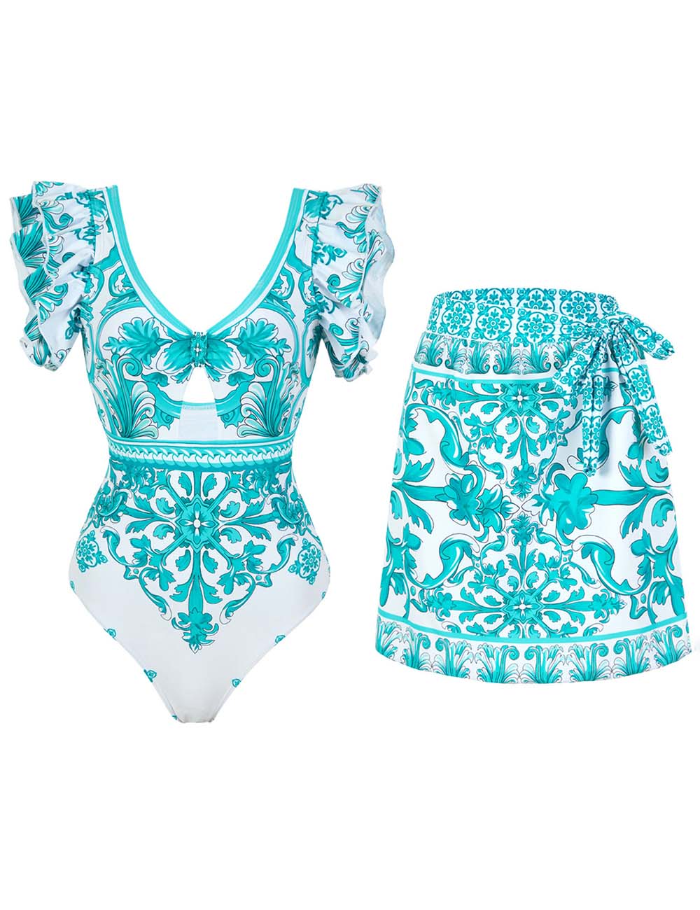 Ladies Ruff Sleeves One-Piece Swimsuit with Wrap Sarong