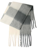 Ladies Color Block Checked Mohair Fringe Knit Scarf
