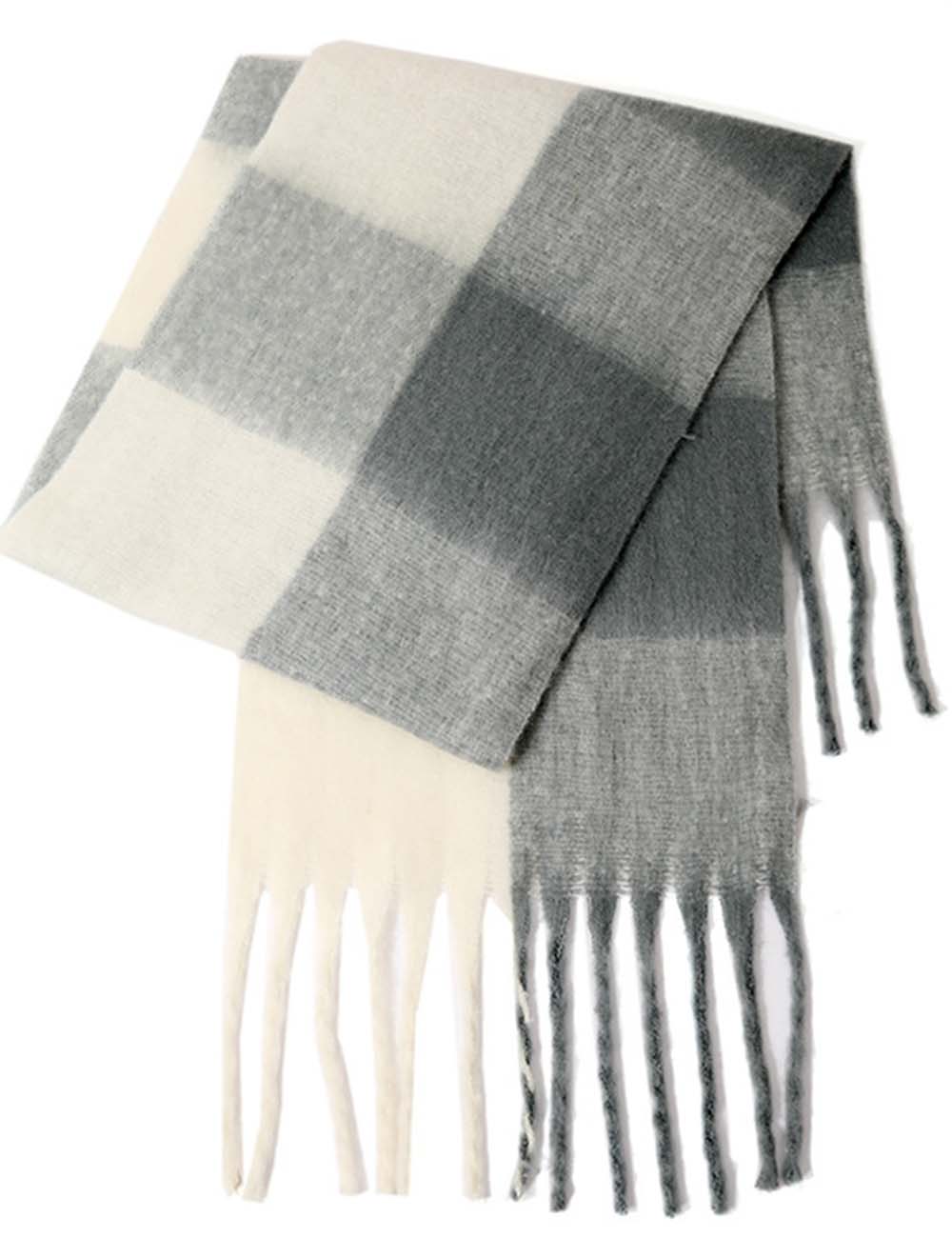 Ladies Color Block Checked Mohair Fringe Knit Scarf
