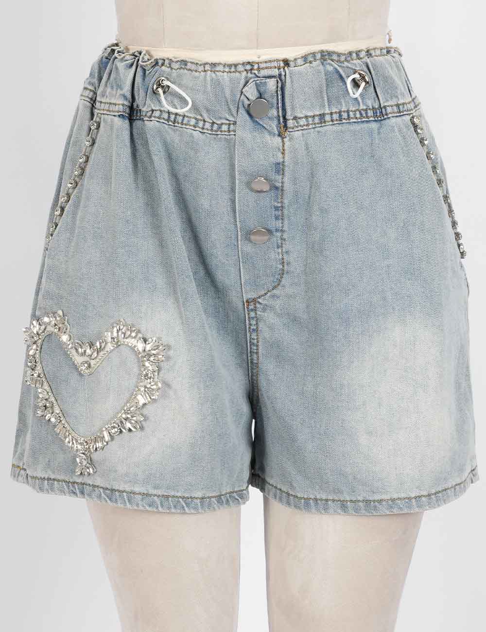 Ladies Rhinestone Heart Wide Leg Drawstring Denim Shorts