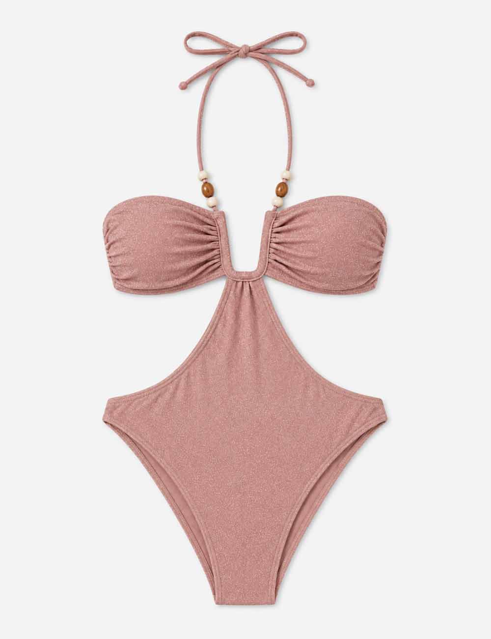 Ladies Glitter Cut Out Halter Beaded Strap One Piece Swimsuit