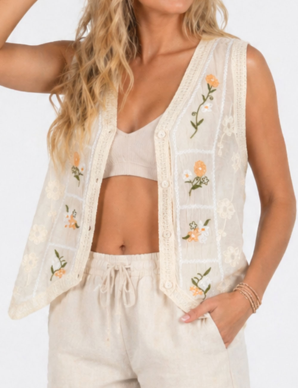 Ladies Boho Floral Embroidered V-Neck Button Front Vest