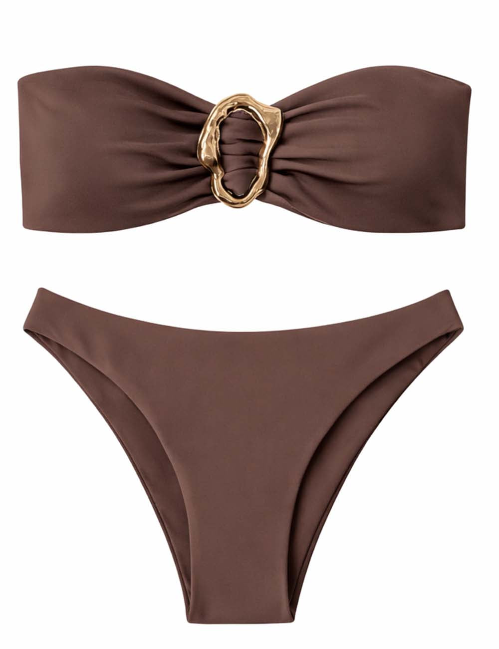 Ladies Metal Ring Ruched Strapless Bandeau Bikini Set