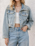 Ladies Faux Pearl Beaded Frayed Hem Cropped Denim Jacket