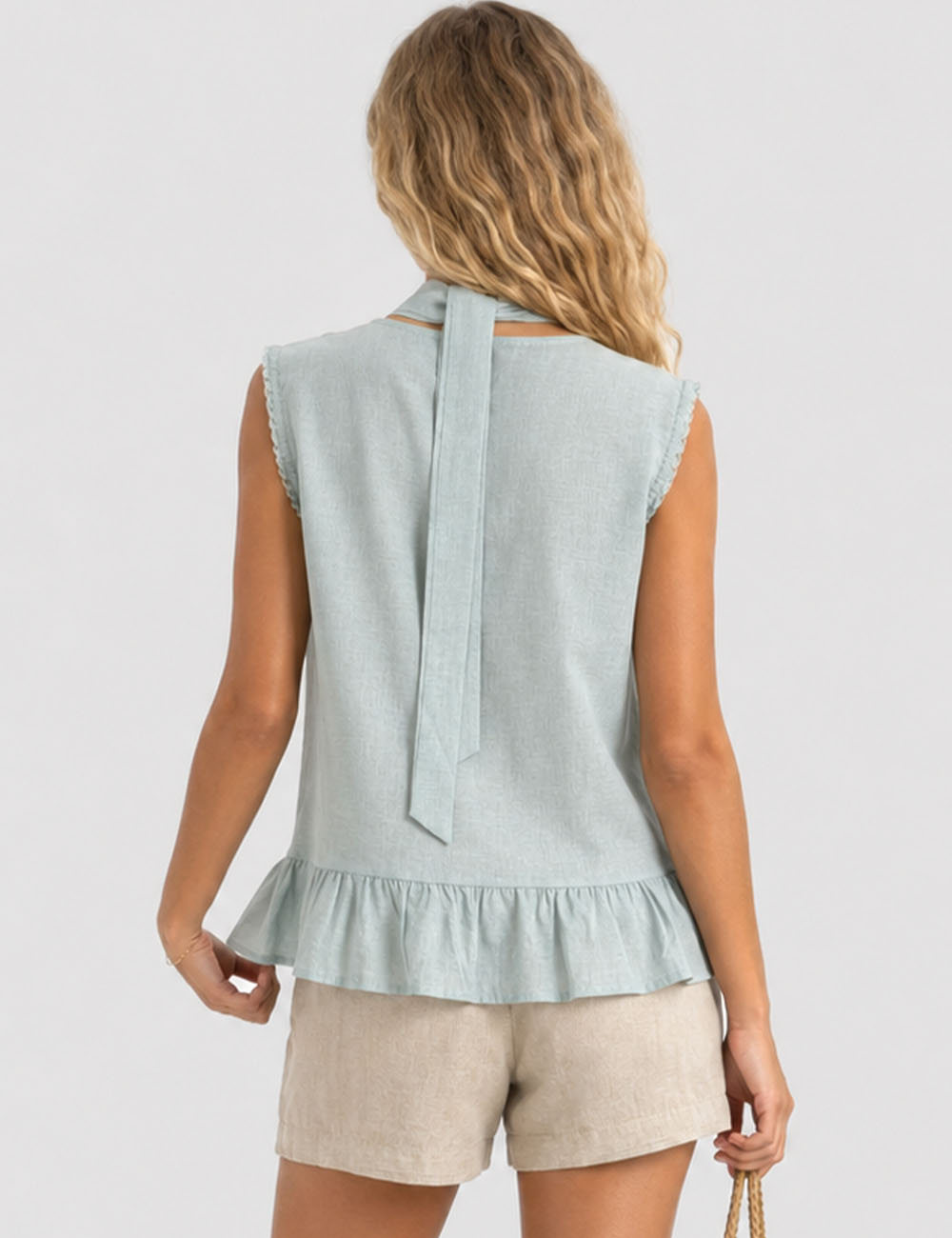 Ladies Scarf Neck Ruffle Hem Button Sleeveless Top