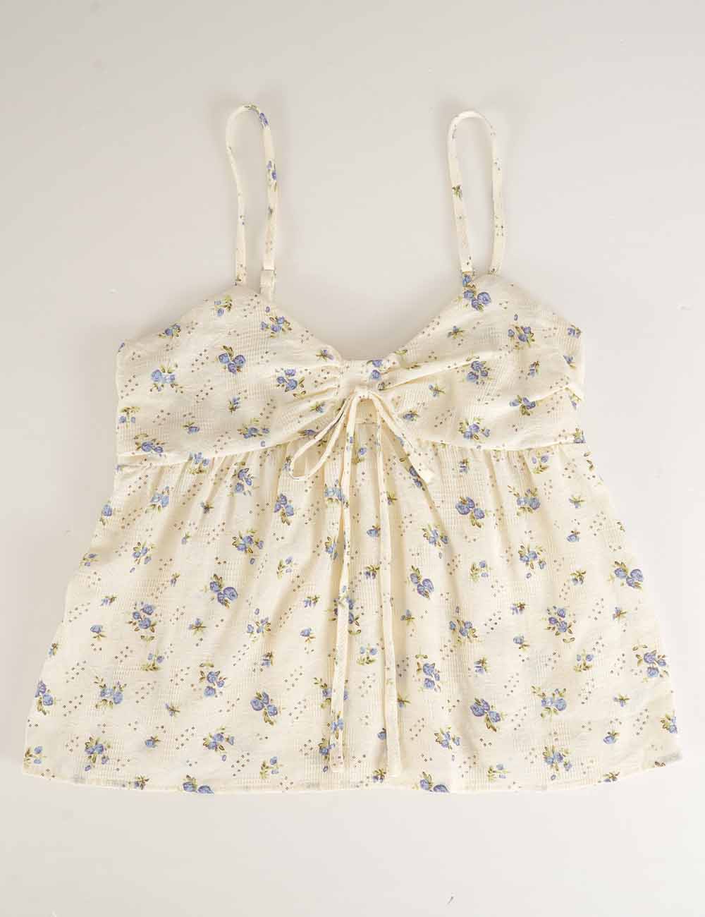 Ladies Boho Floral Print Tie Neck Cami Top