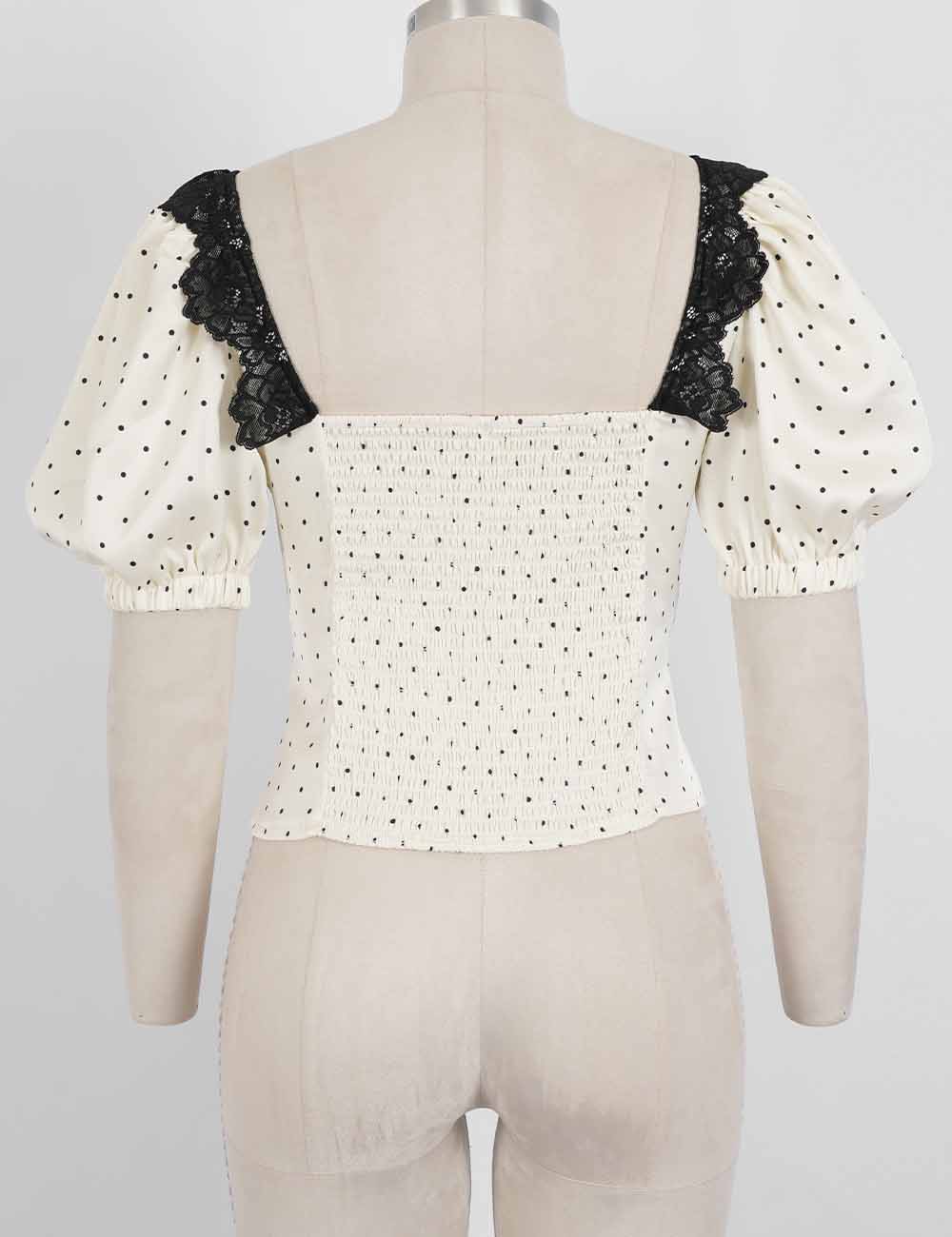 Ladies Chic Polka Dot Square Neck Lace Trim Puff Sleeves Top