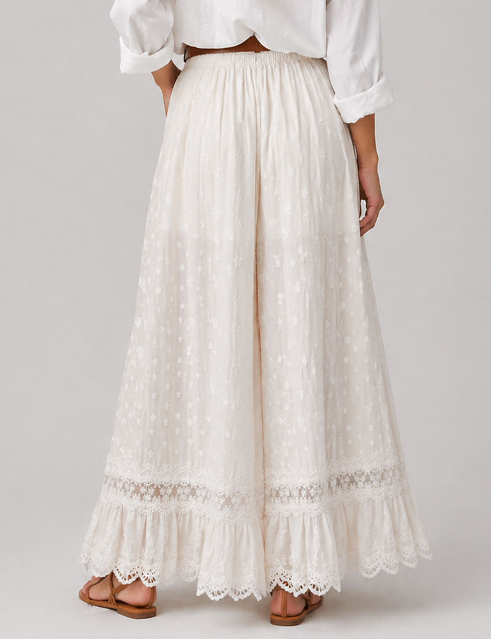 Ladies Floral Embroidery Lace Hem Wide Leg Pants