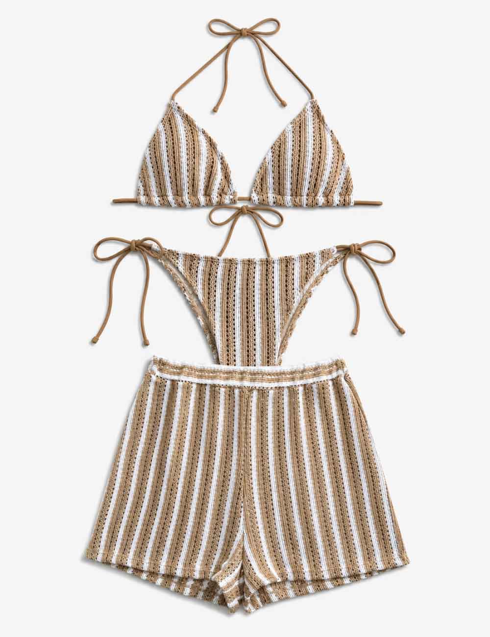 Ladies Striped Crochet Triangle 3 Piece Bikini Set With Cover Up Shorts