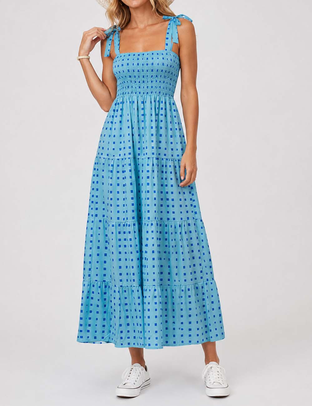 Ladies Abstract Print Smocked Tie Strap Square Neck Midi Dress