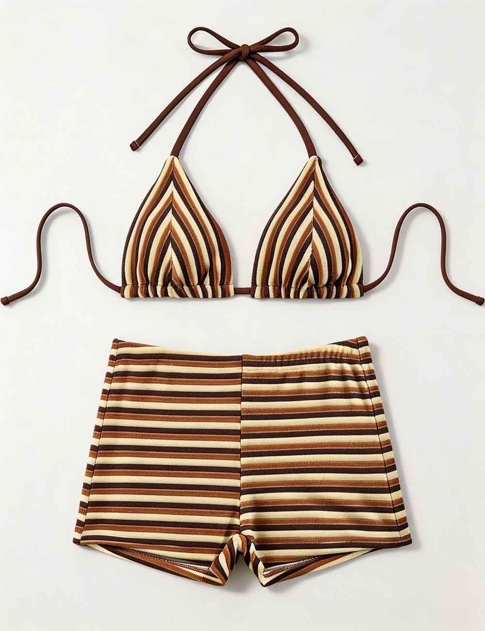 Ladies Striped Tie Back Triangle Halter Bikini Top & Shorts Swimsuit Set