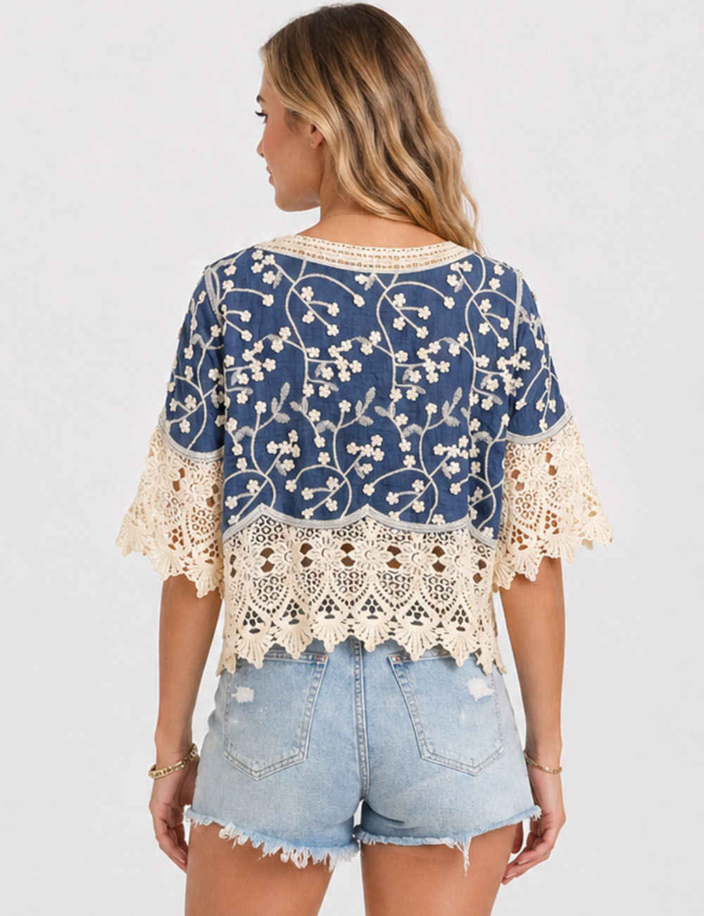 Ladies Boho Embroidery Lace Tie-Neck Tassel Blouse