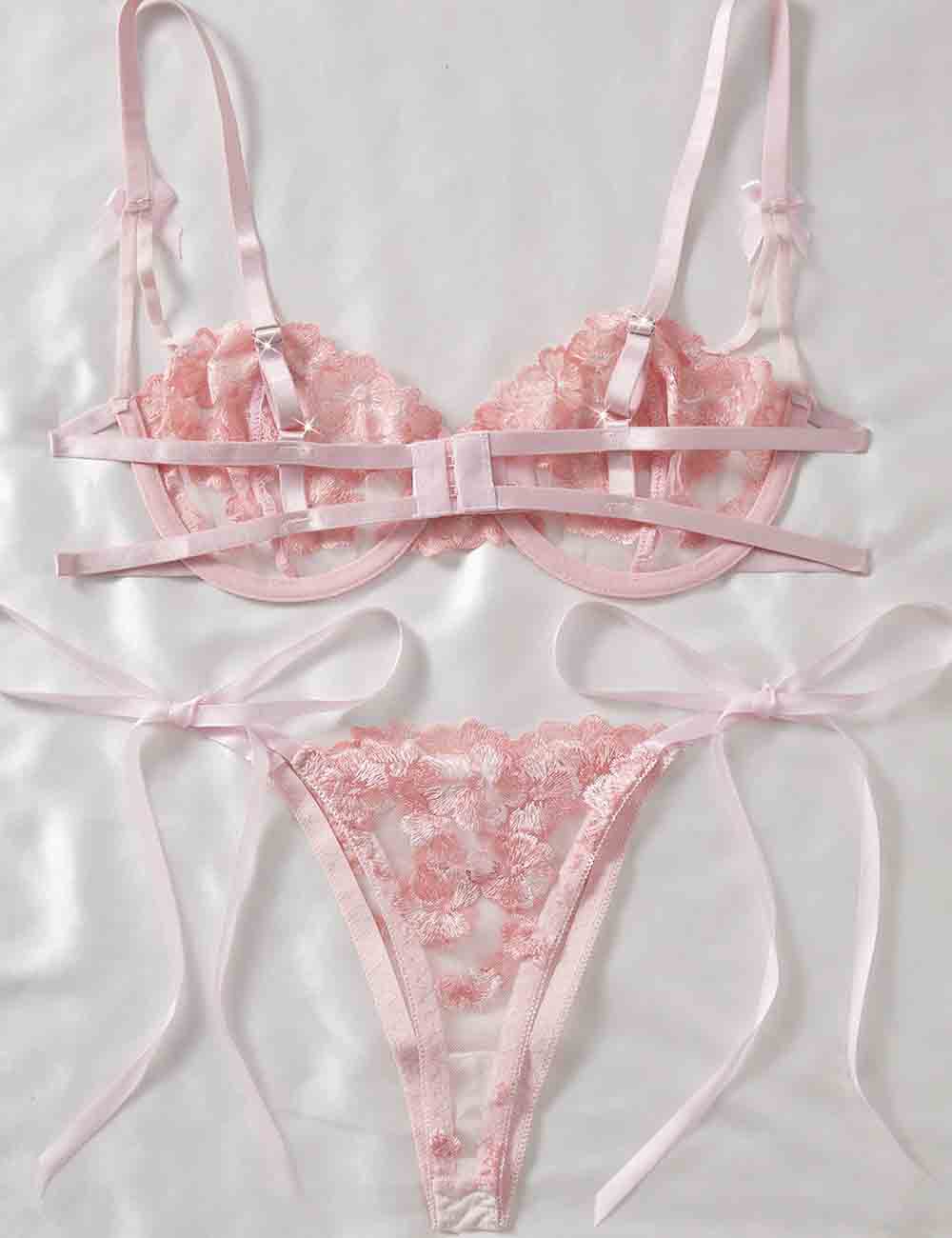 Ladies Floral Embroidery See Through 2PCS Lingerie Set 8XX0110