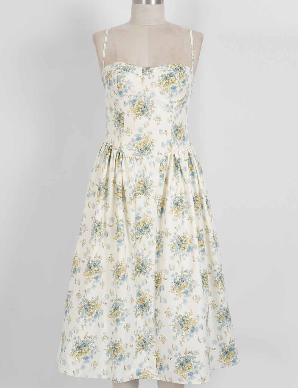 Ladies Floral Print Corset Spaghetti Strap Midi Dress