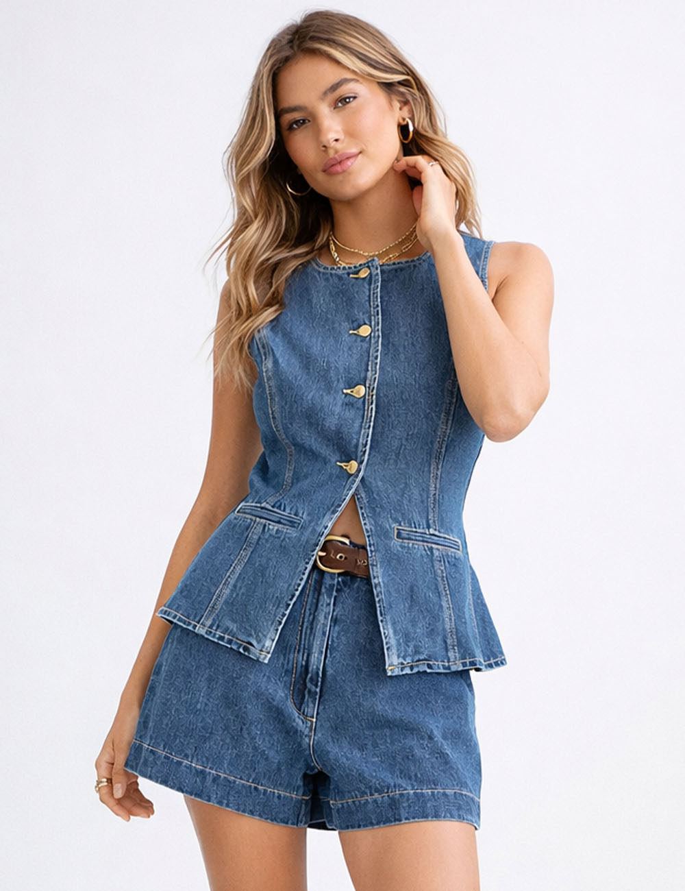 Ladies Sleeveless Button Front Denim Vest & Shorts Matching Set