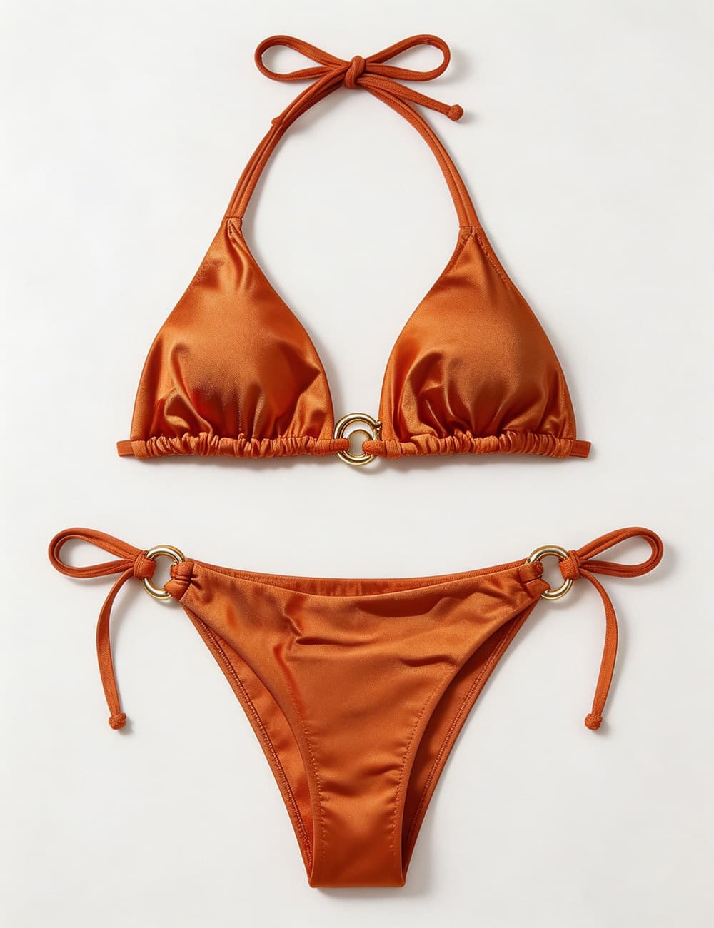 Ladies Solid Color Gold Buckle Halter Neck Triangle Bikini Set