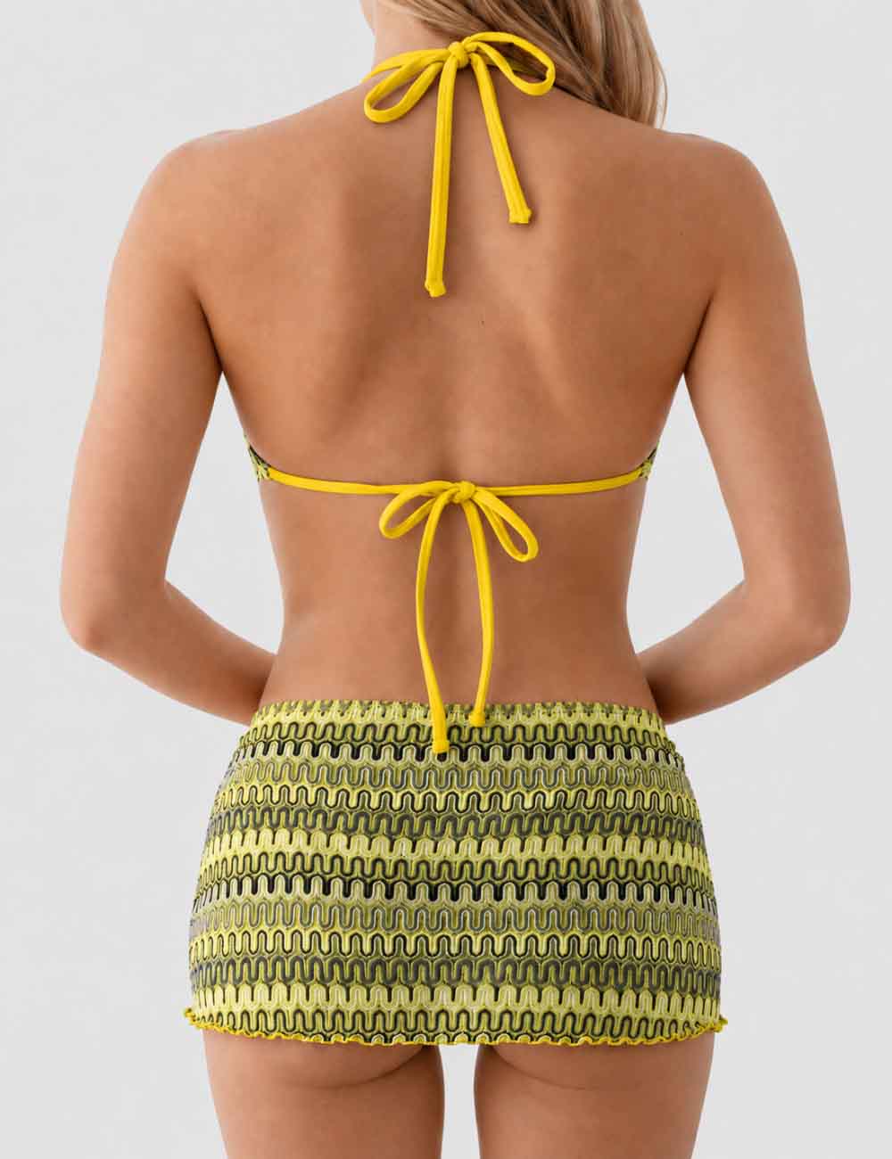 Ladies Wave Striped Knit Triangle Bikini Set with Cover Up Skirt